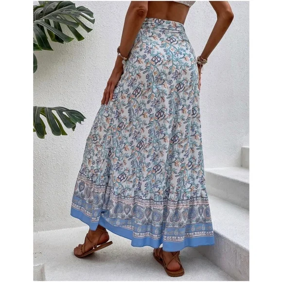 Boho Blue Floral Print Ruffle Wrap maxi Skirt - Picture 9 of 11